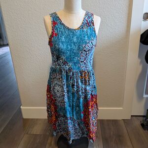 Longyuan Size M Vibrant Teal and Red Sleeveless Midi Dress